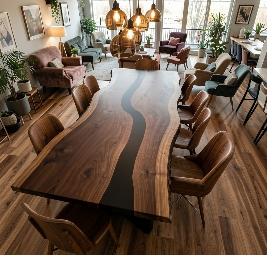 Custom Solid Black Walnut Table Top with Black Epoxy River Center
