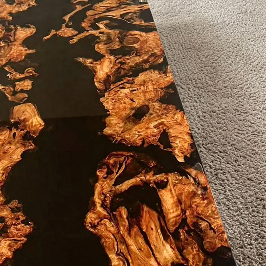Olive Wood Epoxy Dining Table | Black Resin River with Full Gloss Finish