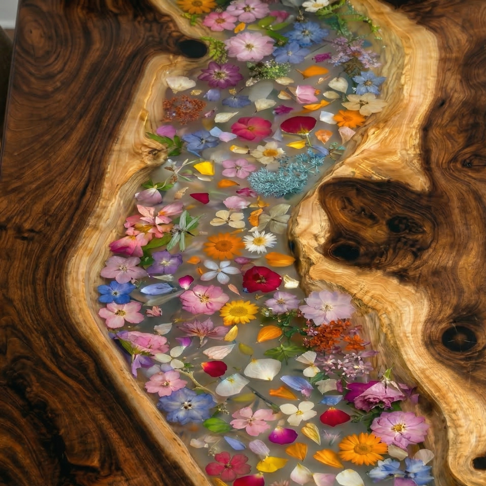 Luxury Black Walnut Epoxy River Table with Pressed Flower Inlay – Handmade Dining Table-FL005