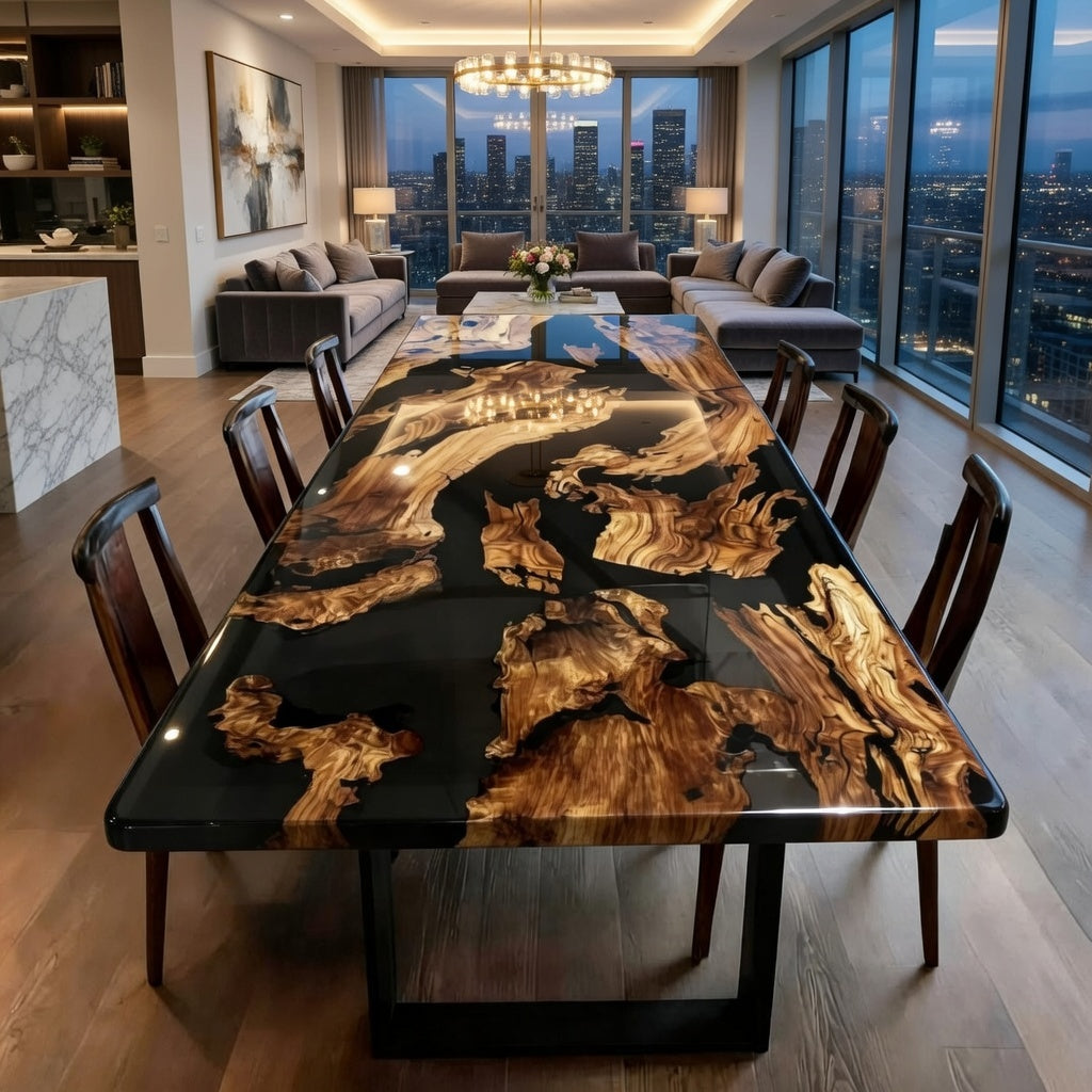 Olive Wood Epoxy Dining Table | Black Resin River with Full Gloss Finish