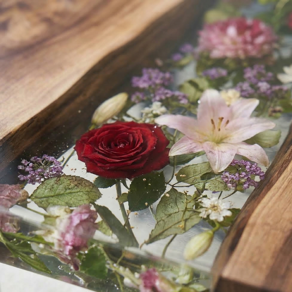 Black Walnut River Epoxy Dining Table with Floral Resin Inlay – Luxury Handmade Wood Table-FL001