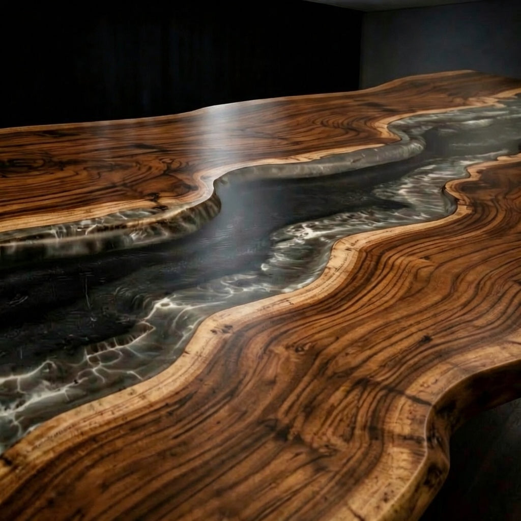 Custom-made walnut wood epoxy resin natural side table