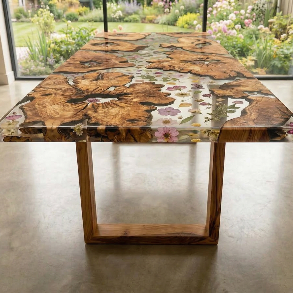 Natural Black Walnut Dining Table with Colorful Flower Resin River – Custom Epoxy Table-009