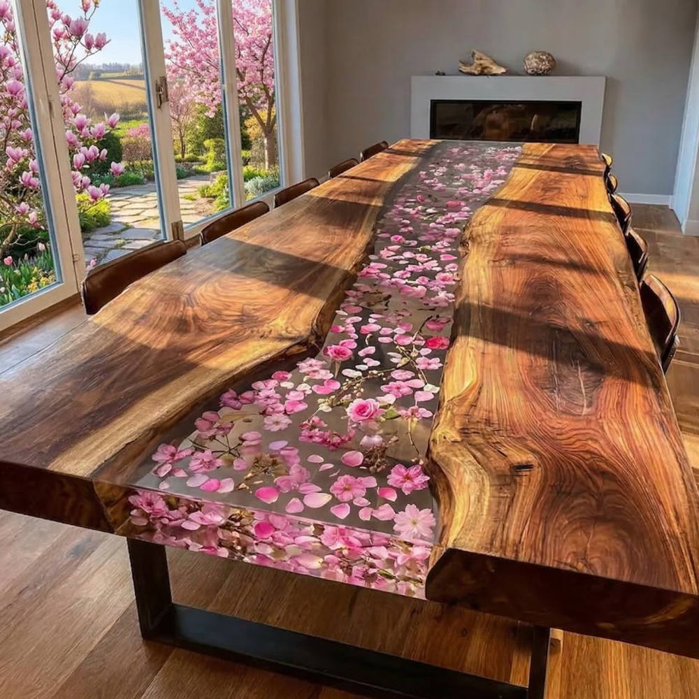 Black Walnut Live Edge River Dining Table with Pink Blossom Resin – Handmade Epoxy Wood Table-FL003