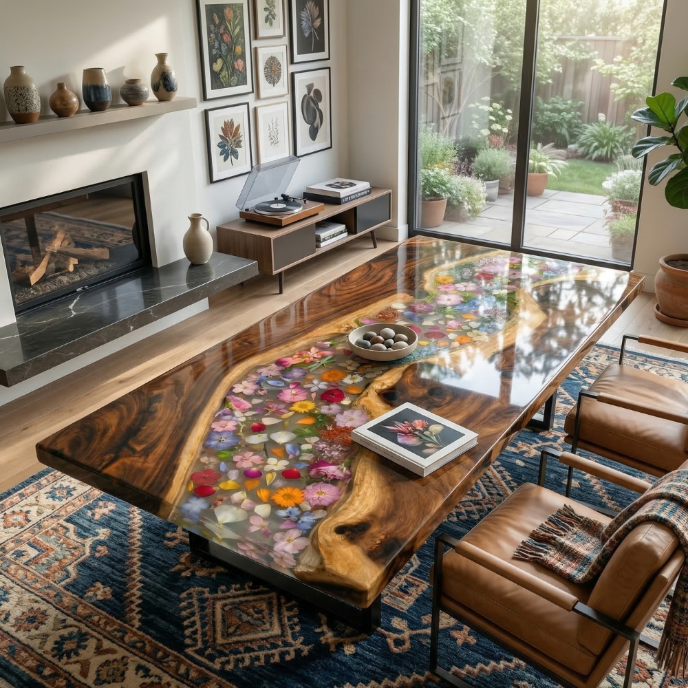 Luxury Black Walnut Epoxy River Table with Pressed Flower Inlay – Handmade Dining Table-FL005
