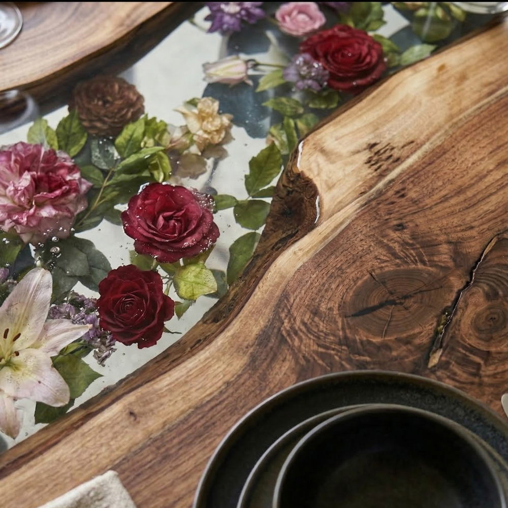 Black Walnut River Epoxy Dining Table with Floral Resin Inlay – Luxury Handmade Wood Table-FL001