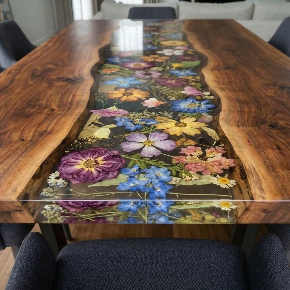 Black Walnut River Dining Table with Colorful Floral Resin Inlay – Modern Epoxy Wood Table-FL004