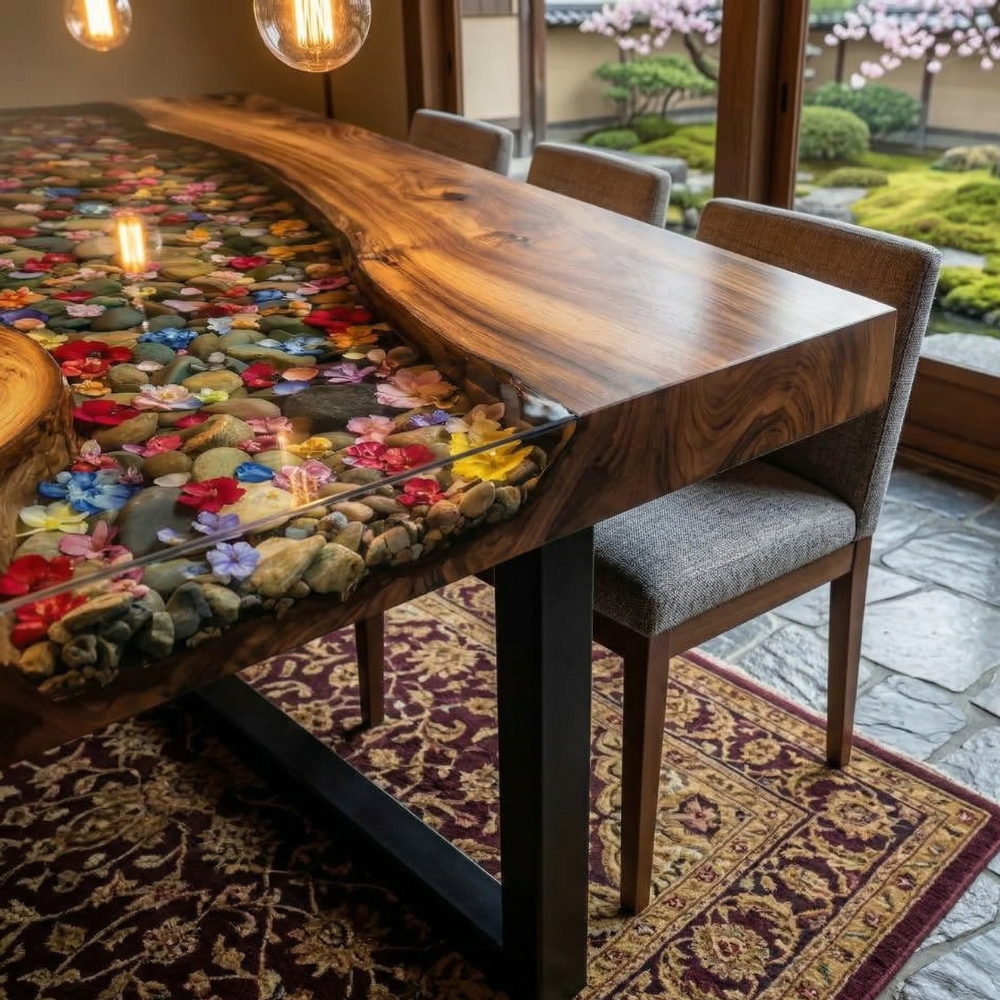 Handcrafted Black Walnut River Table with Floral Epoxy Center – Contemporary Dining Table-FL008