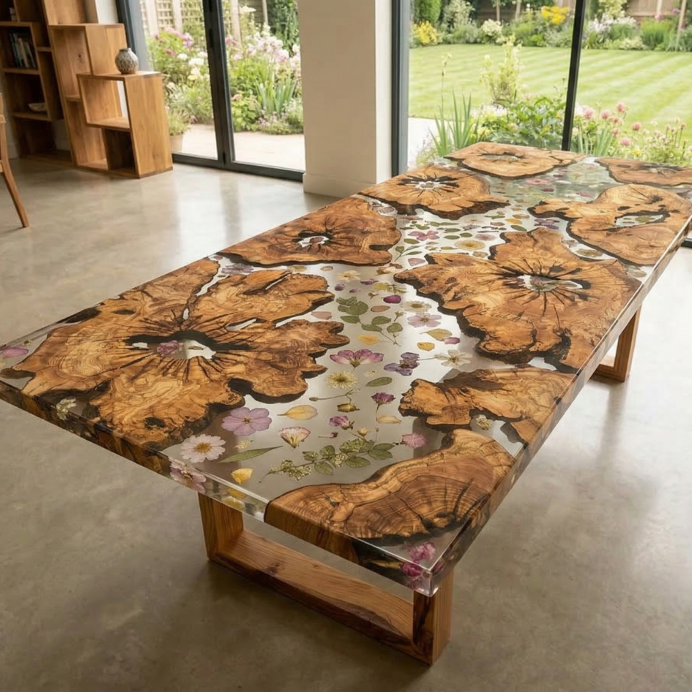 Natural Black Walnut Dining Table with Colorful Flower Resin River – Custom Epoxy Table-009