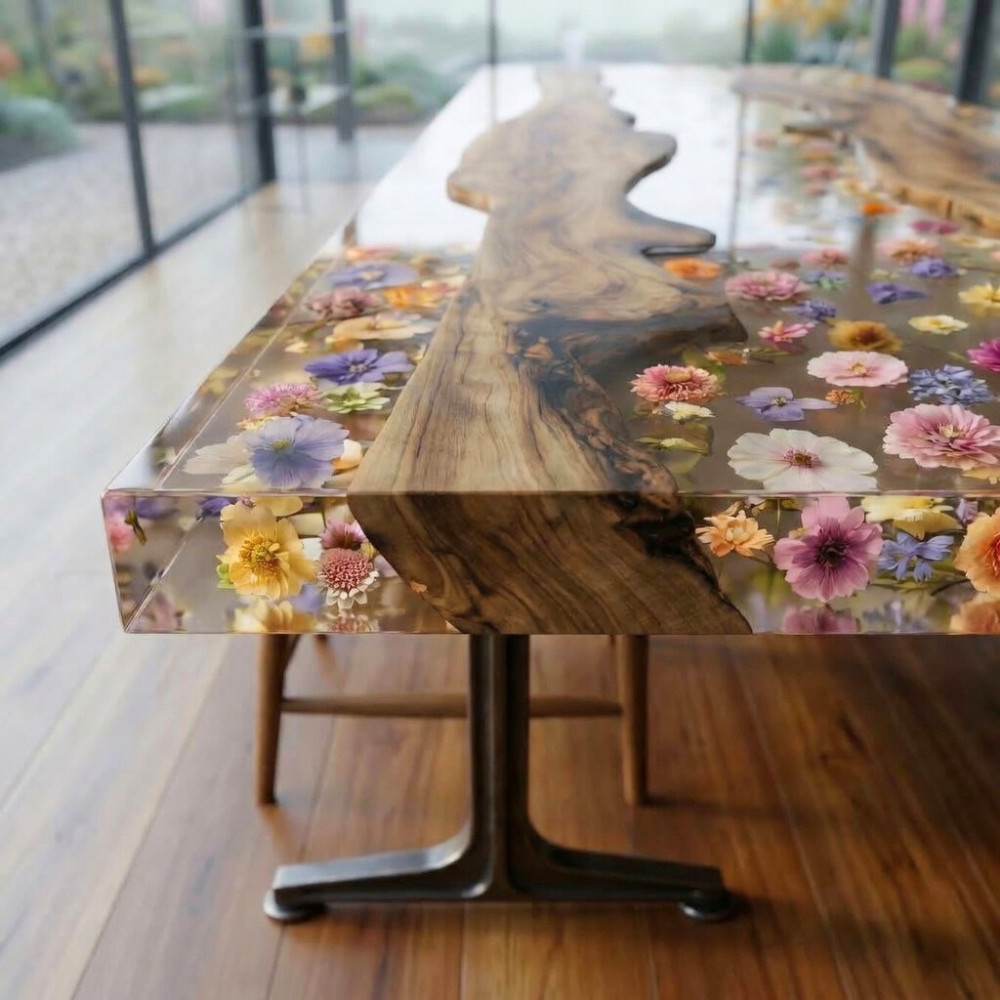 Black Walnut Epoxy Dining Table with Botanical Resin River – Modern Wood Table-FL007