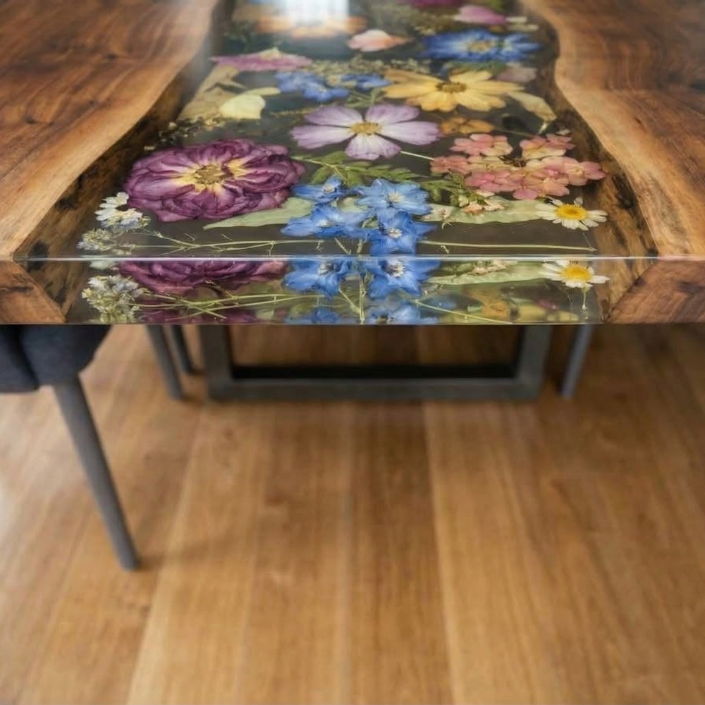 Black Walnut River Dining Table with Colorful Floral Resin Inlay – Modern Epoxy Wood Table-FL004