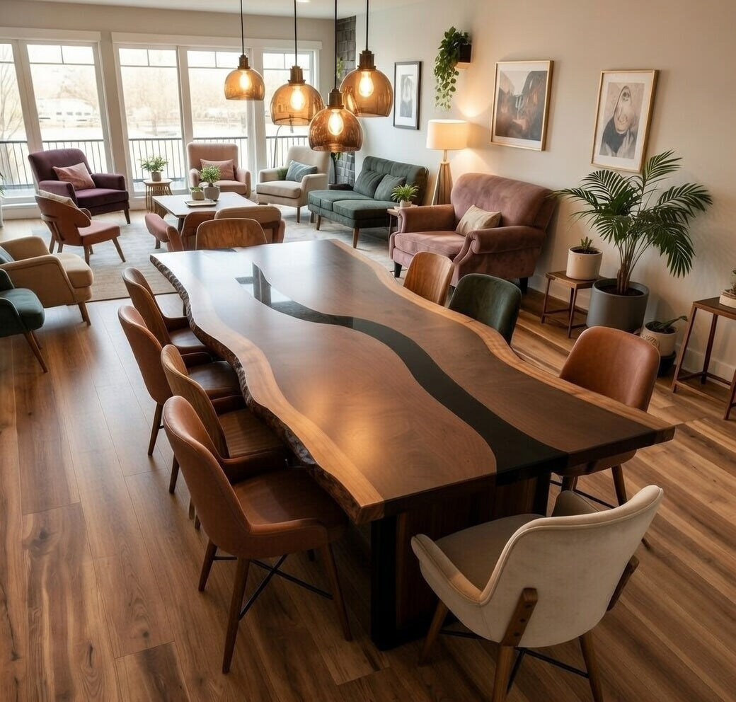 Custom Solid Black Walnut Table Top with Black Epoxy River Center