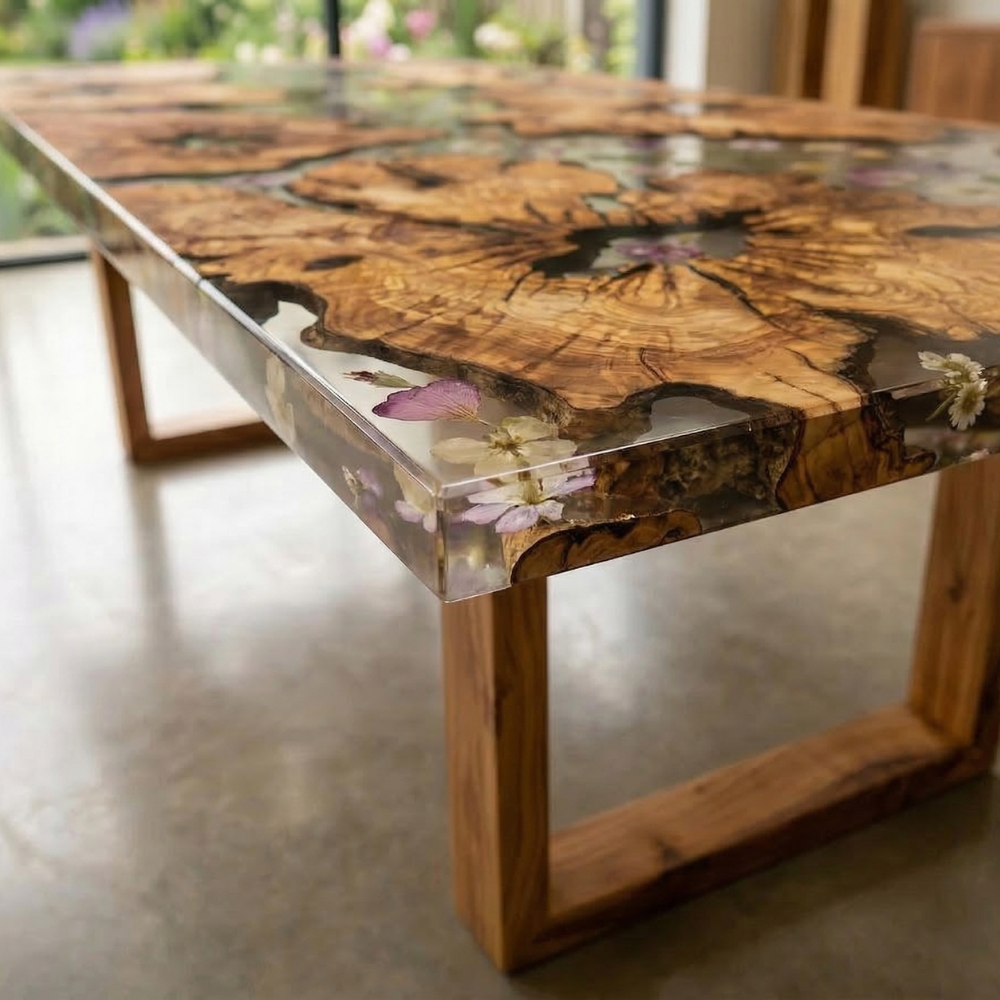 Natural Black Walnut Dining Table with Colorful Flower Resin River – Custom Epoxy Table-009