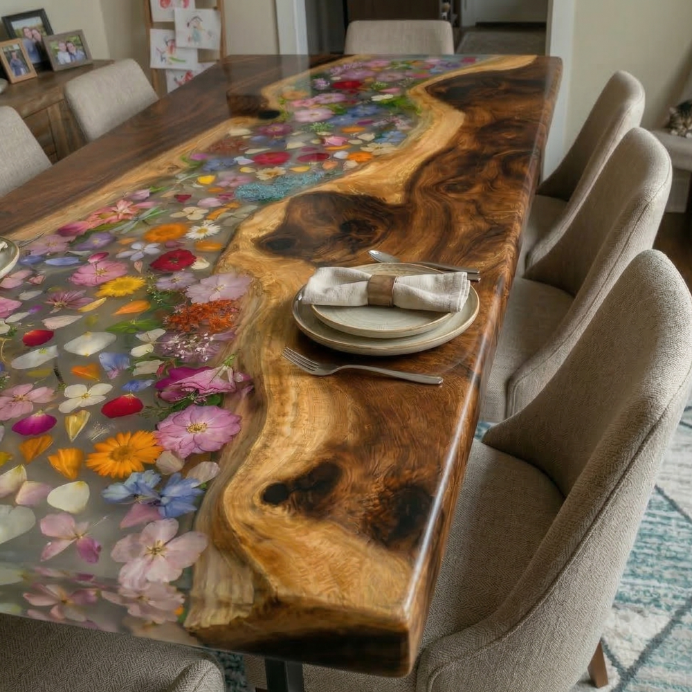 Luxury Black Walnut Epoxy River Table with Pressed Flower Inlay – Handmade Dining Table-FL005
