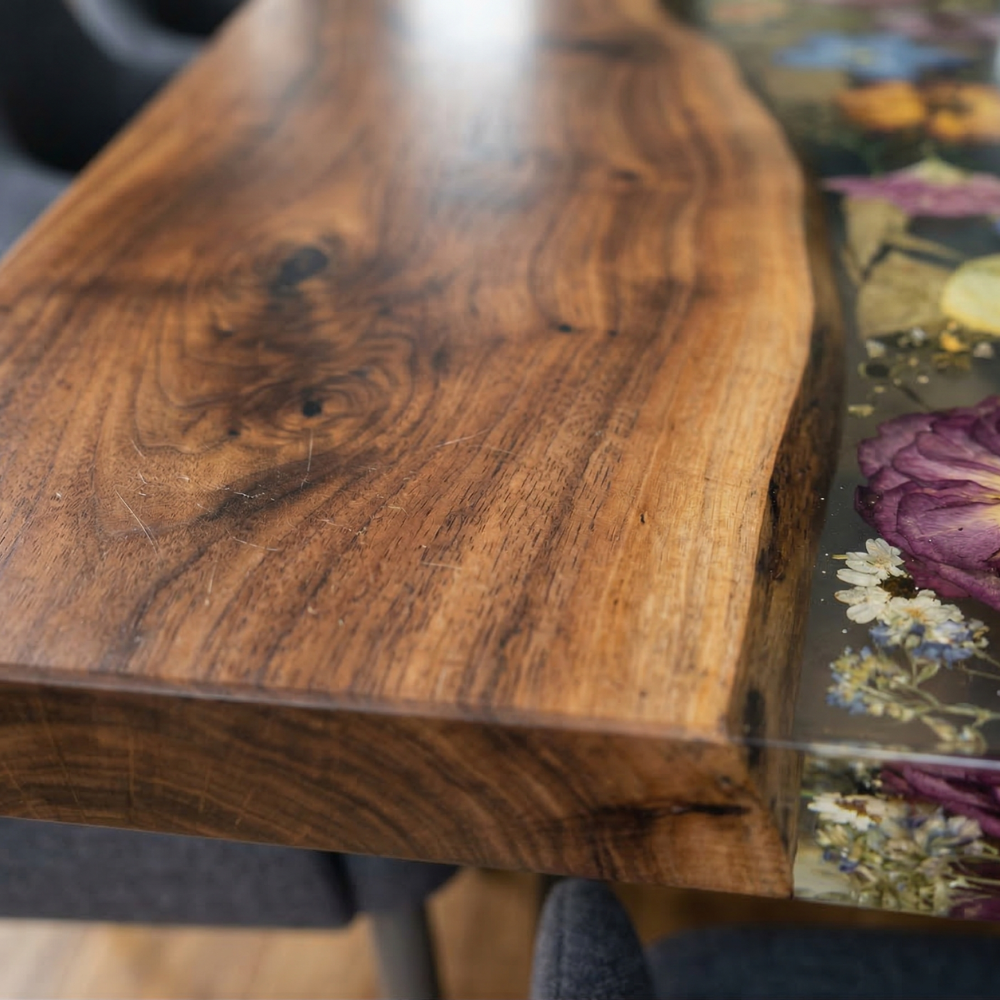 Black Walnut River Dining Table with Colorful Floral Resin Inlay – Modern Epoxy Wood Table-FL004