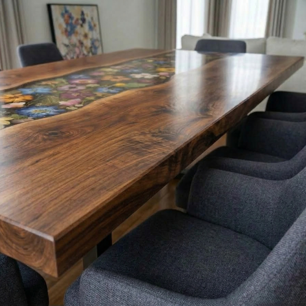 Black Walnut River Dining Table with Colorful Floral Resin Inlay – Modern Epoxy Wood Table-FL004