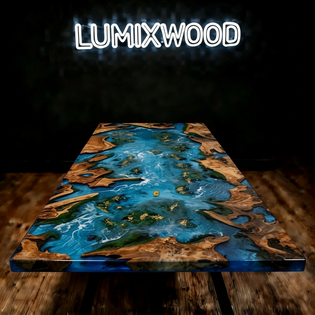 A custom-made cedar wood dining table adorned with blue epoxy resin.