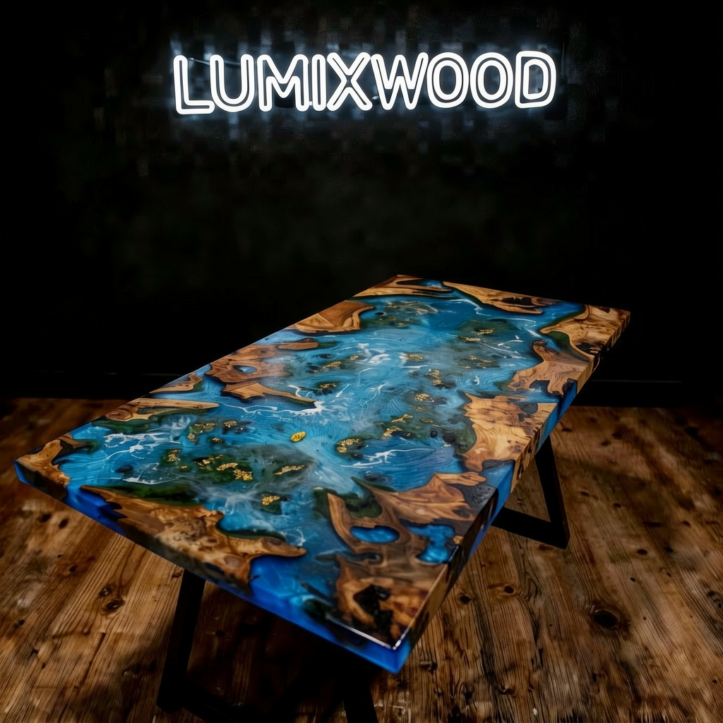A custom-made cedar wood dining table adorned with blue epoxy resin.