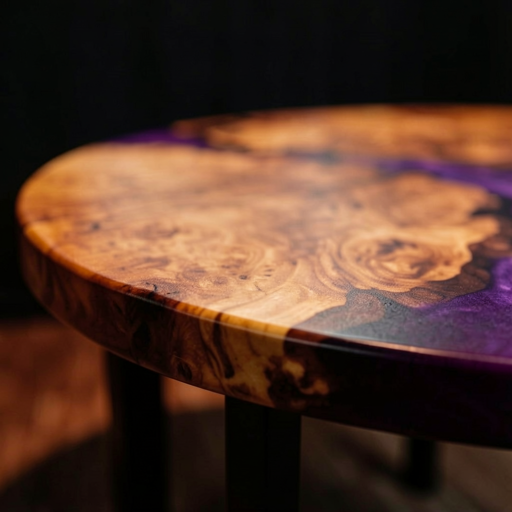 Custom purple epoxy resin olive wood dining table
