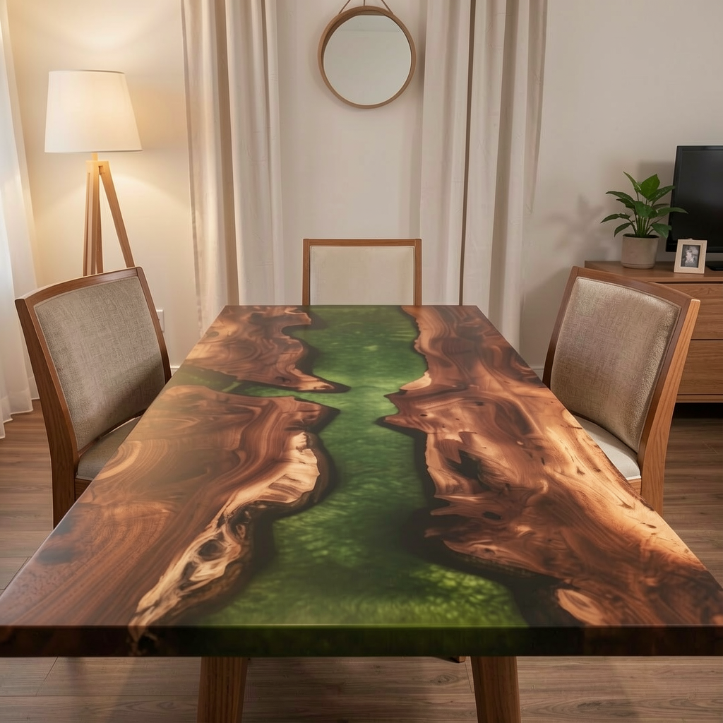 Customized green epoxy resin walnut wood dining table