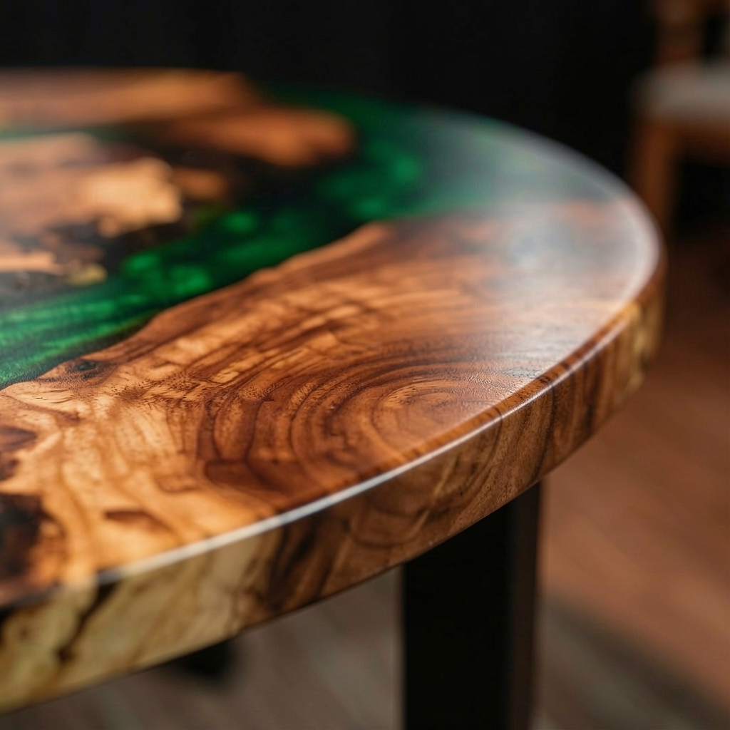 Custom-made green epoxy resin round walnut coffee table
