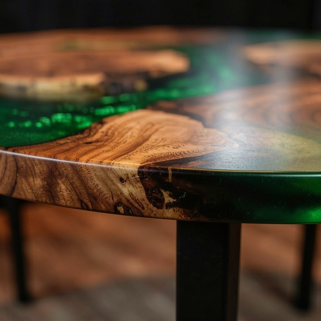 Custom-made green epoxy resin round walnut coffee table