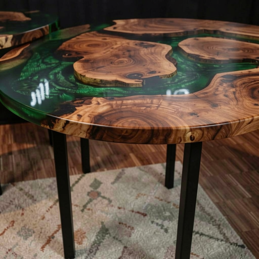 Custom-made green epoxy resin round walnut coffee table