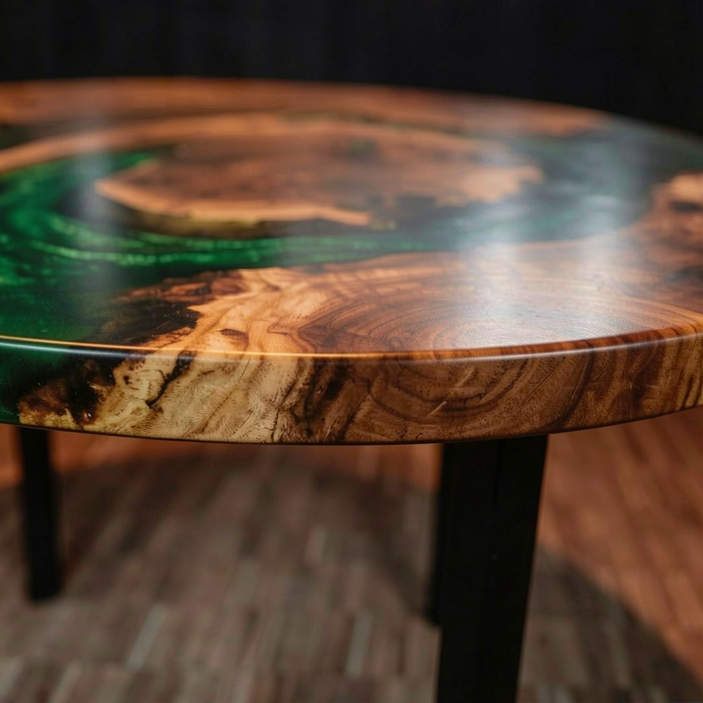 Custom-made green epoxy resin round walnut coffee table