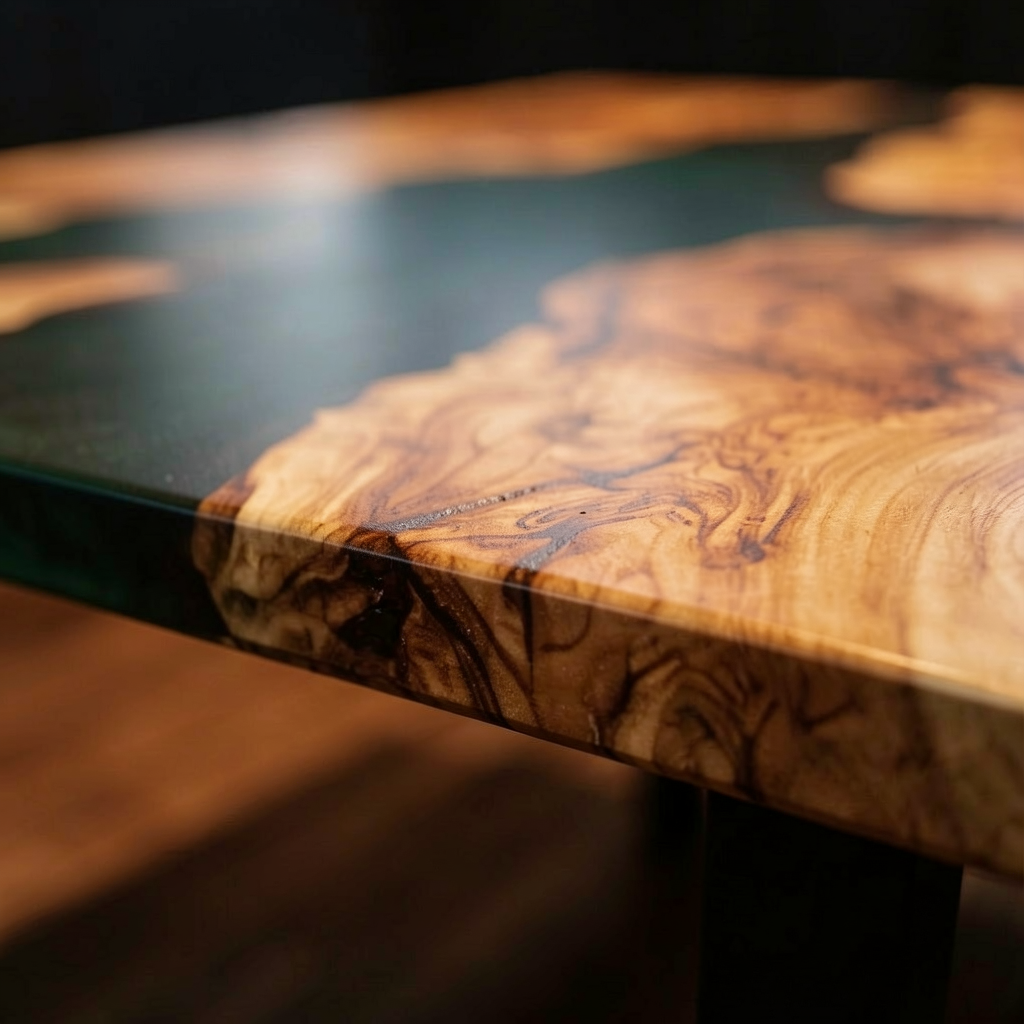 Custom-made green epoxy resin round dining table, made of olive wood.