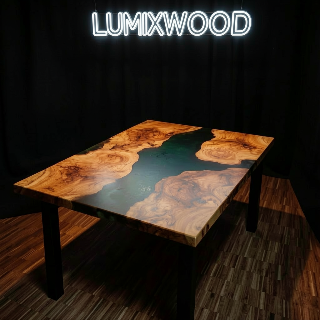 Custom-made green epoxy resin round dining table, made of olive wood.