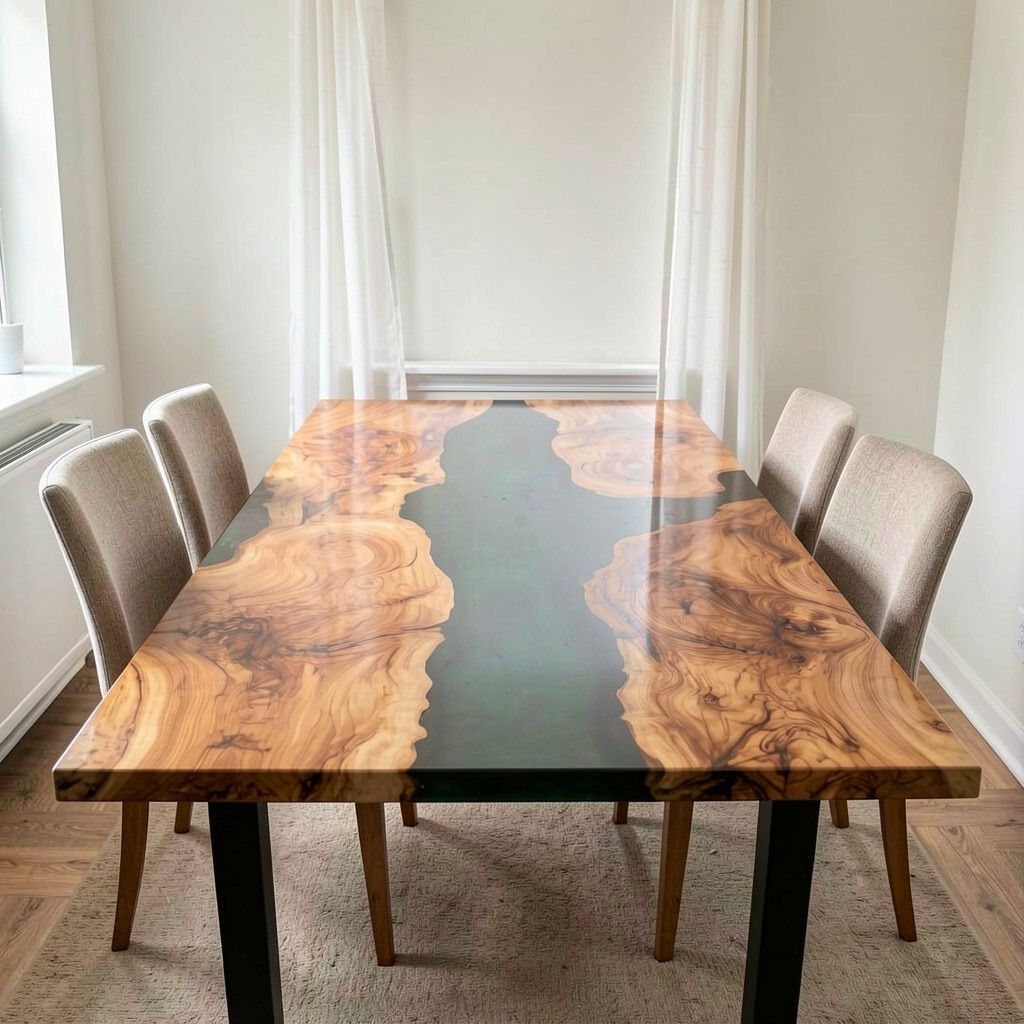 Custom-made green epoxy resin round dining table, made of olive wood.