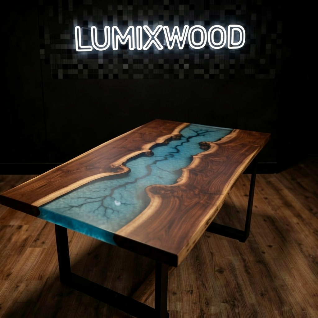 Stunning Black Walnut & Blue Resin Dining Table with Crackle Detail