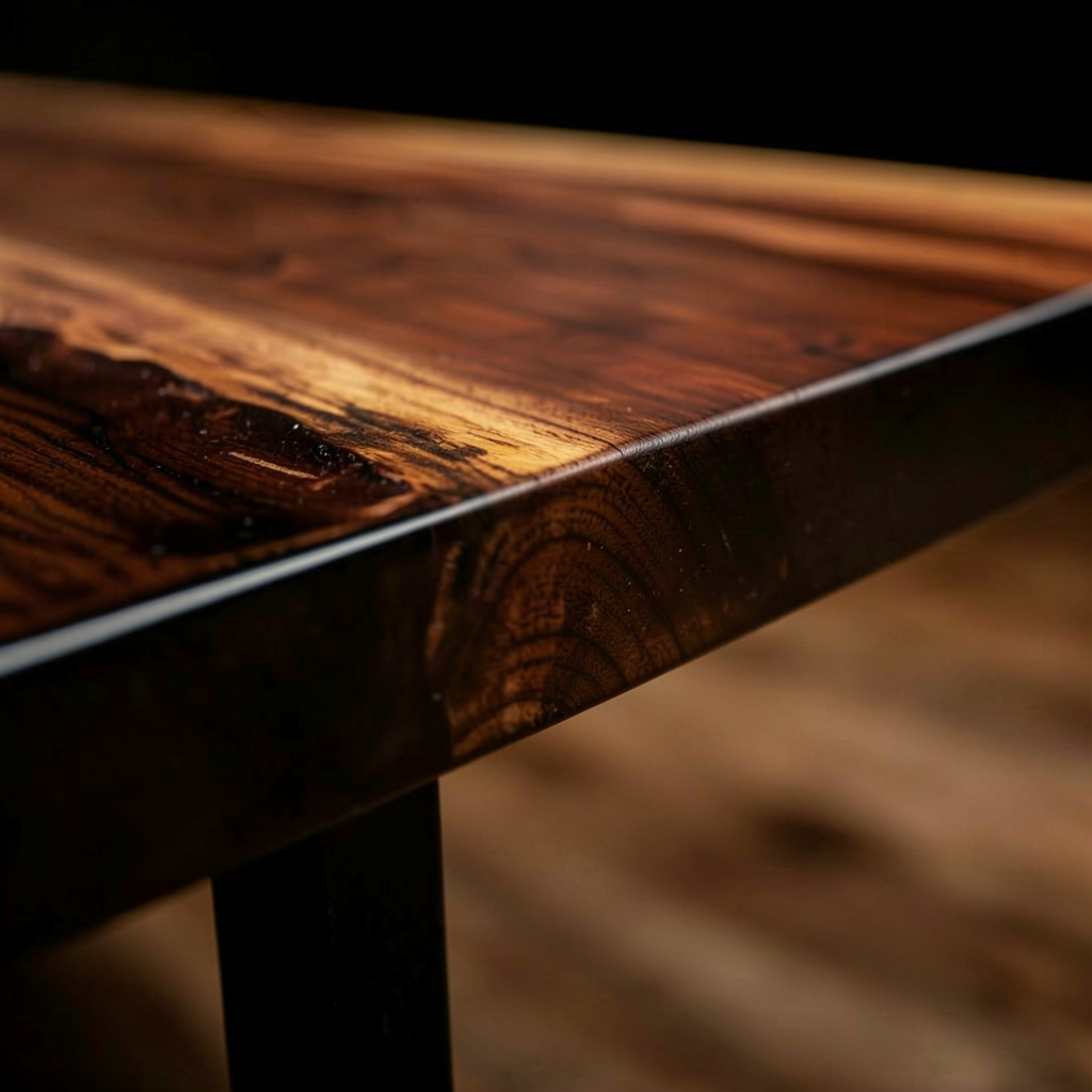 This is a custom-made, pure black epoxy resin dining table made of black walnut wood.
