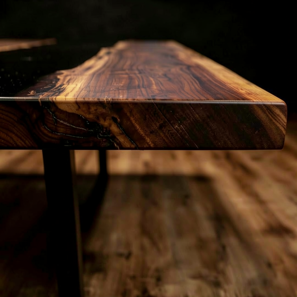 This is a custom-made, pure black epoxy resin dining table made of black walnut wood.