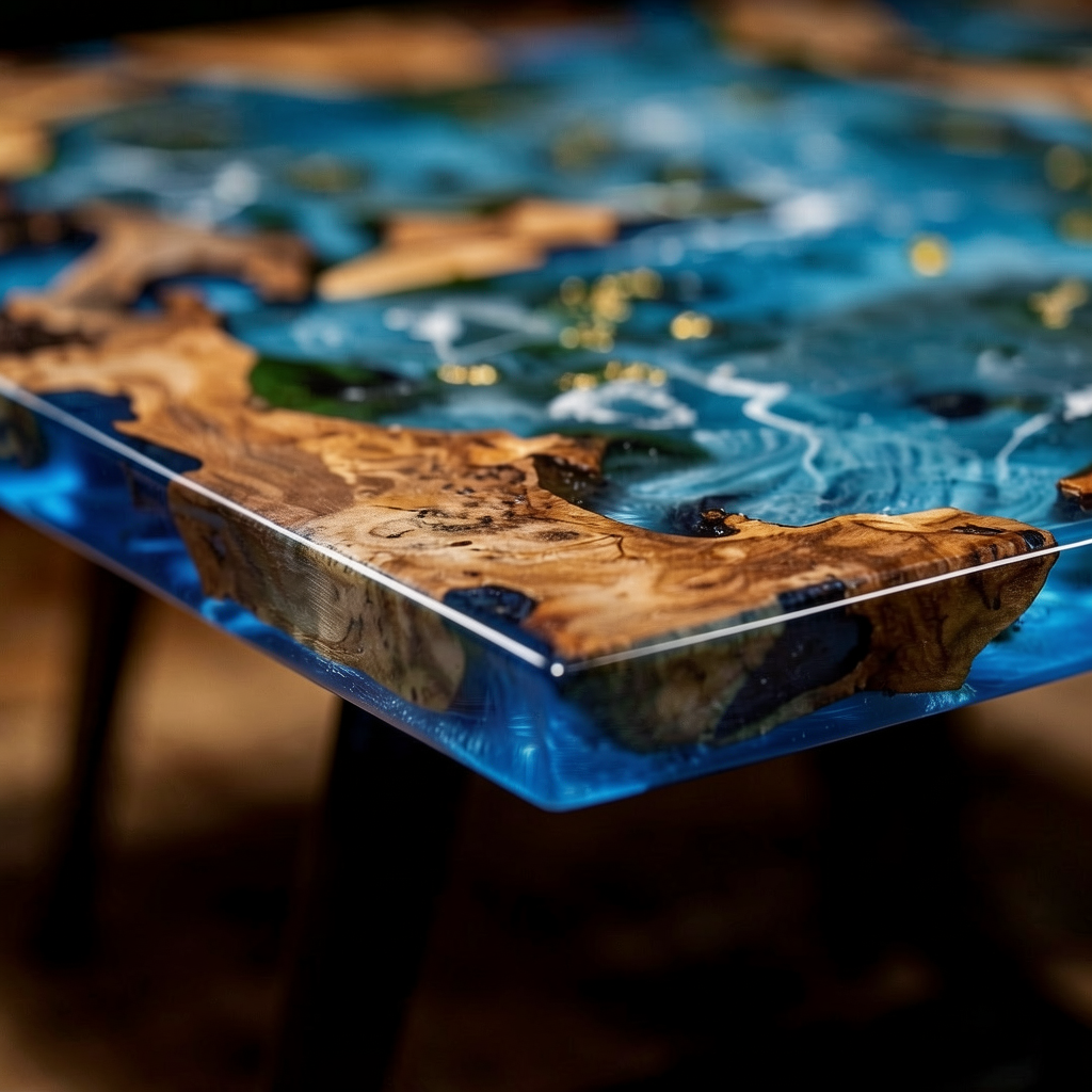 A custom-made cedar wood dining table adorned with blue epoxy resin.