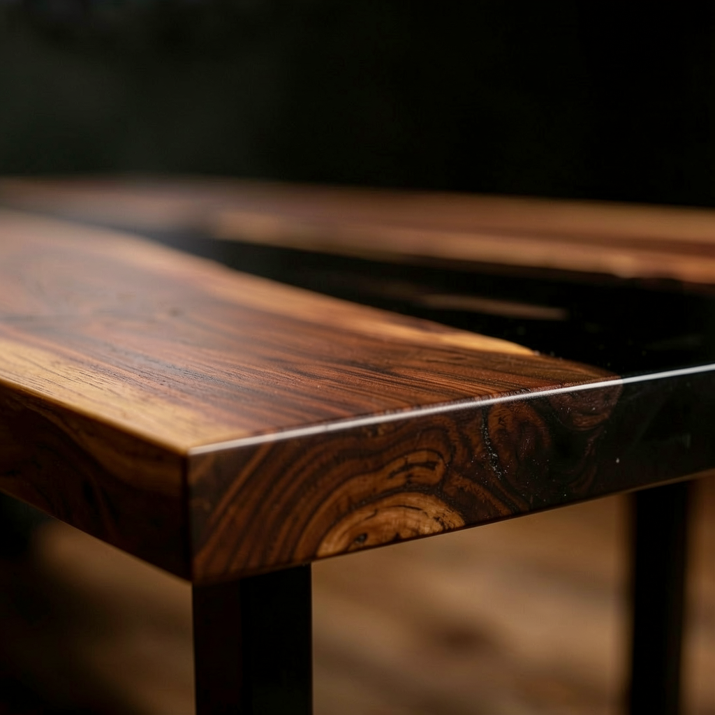 This is a custom-made, pure black epoxy resin dining table made of black walnut wood.