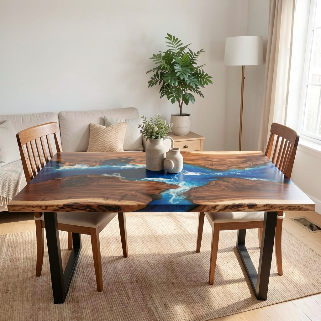 Custom North American black walnut epoxy resin ocean dining table