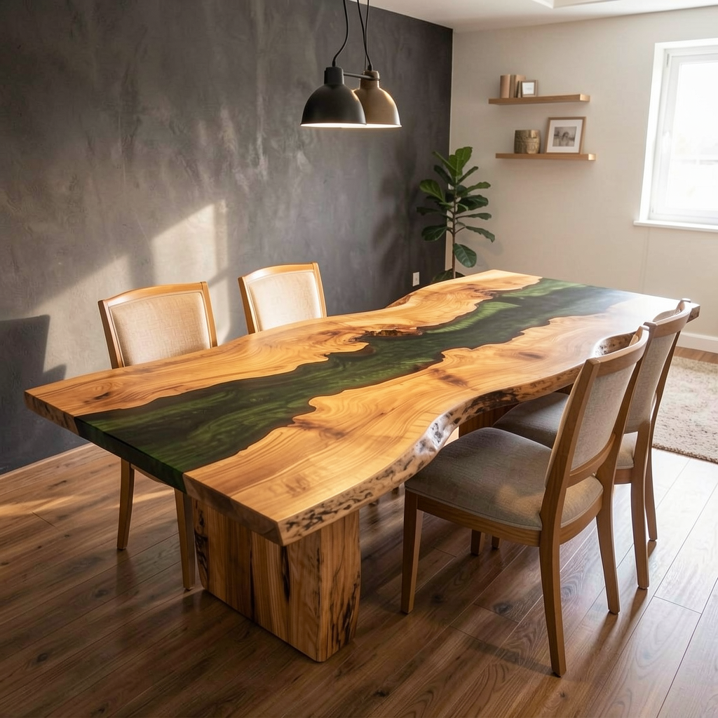 Custom-made eco-friendly epoxy resin dining table made of olive wood