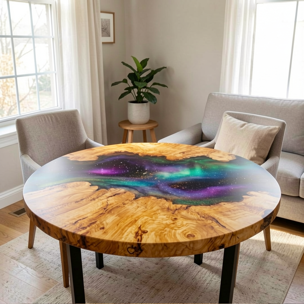 Custom-designed starry sky epoxy resin round coffee table, made of olive wood.