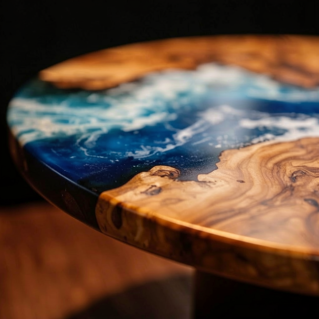 Custom-designed ocean-themed epoxy resin coffee table, made of olive wood.
