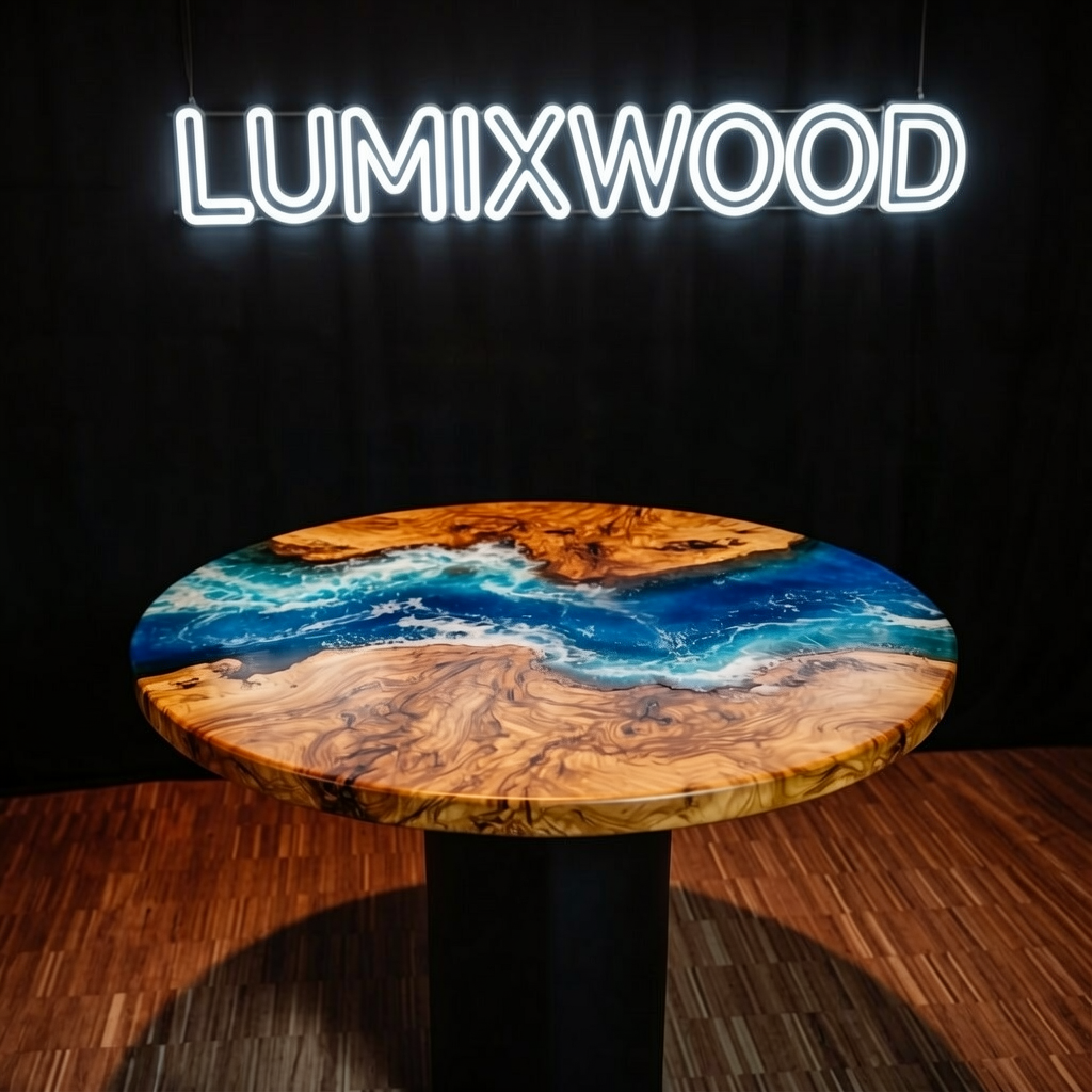Custom-designed ocean-themed epoxy resin coffee table, made of olive wood.