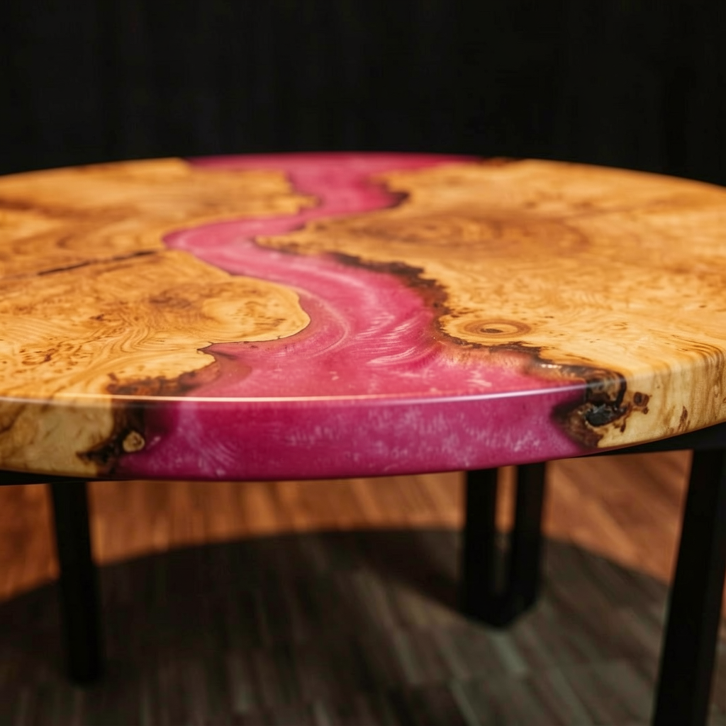 Custom-made wave-shaped round coffee table, made of olive wood.