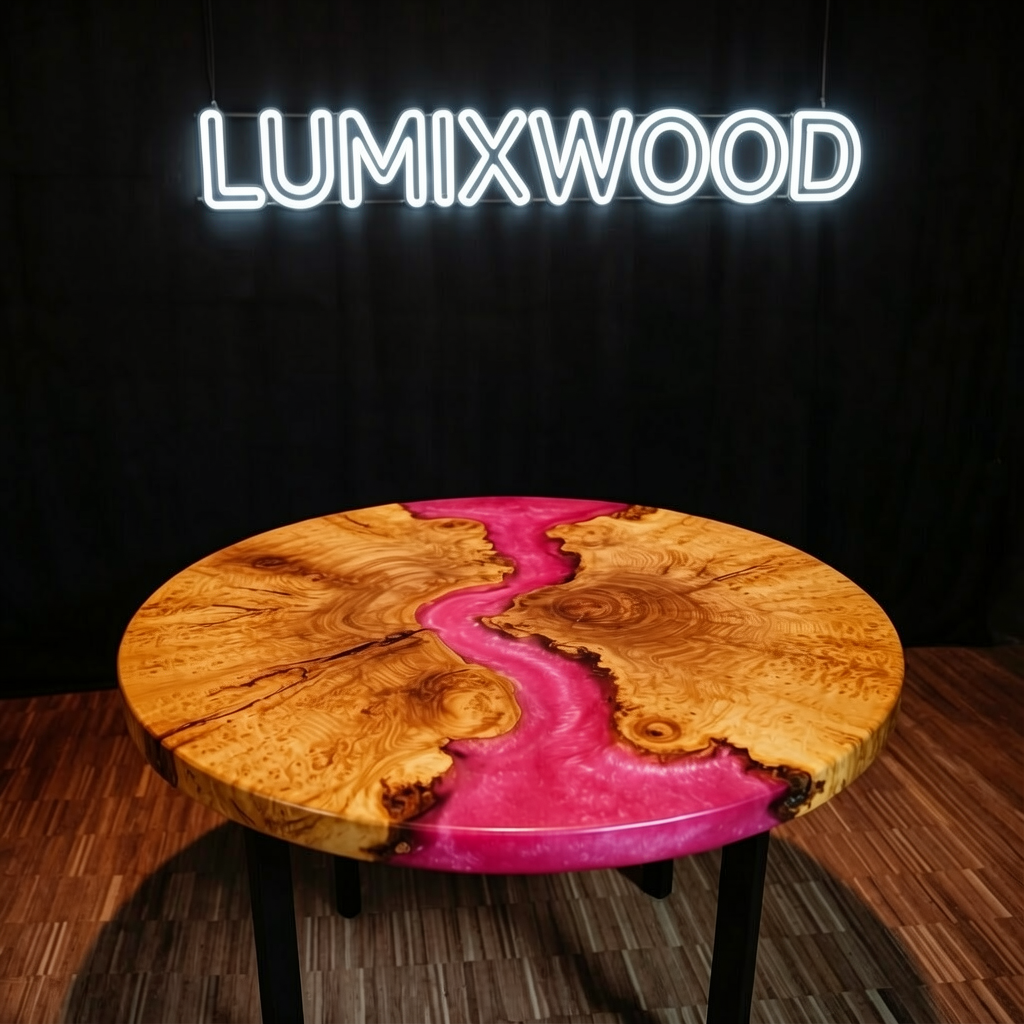 Custom-made wave-shaped round coffee table, made of olive wood.