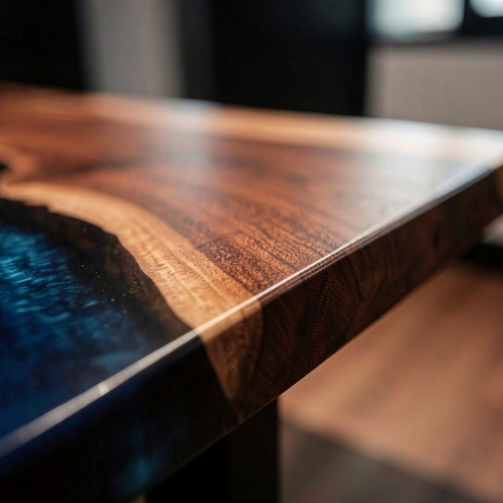 Custom-made wave-patterned epoxy resin dining table, made of black walnut wood.