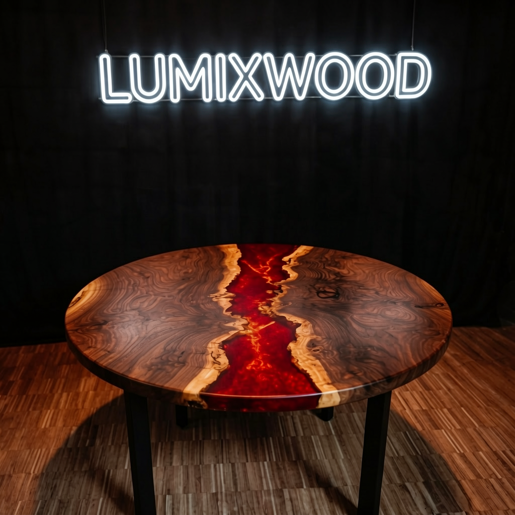 Custom-made epoxy resin dining table, made of black walnut wood.