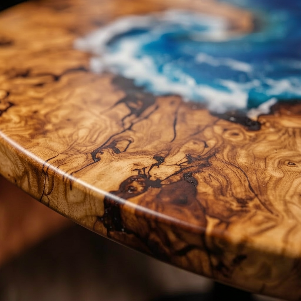 Custom-made round ocean epoxy resin coffee table, made with olive wood.
