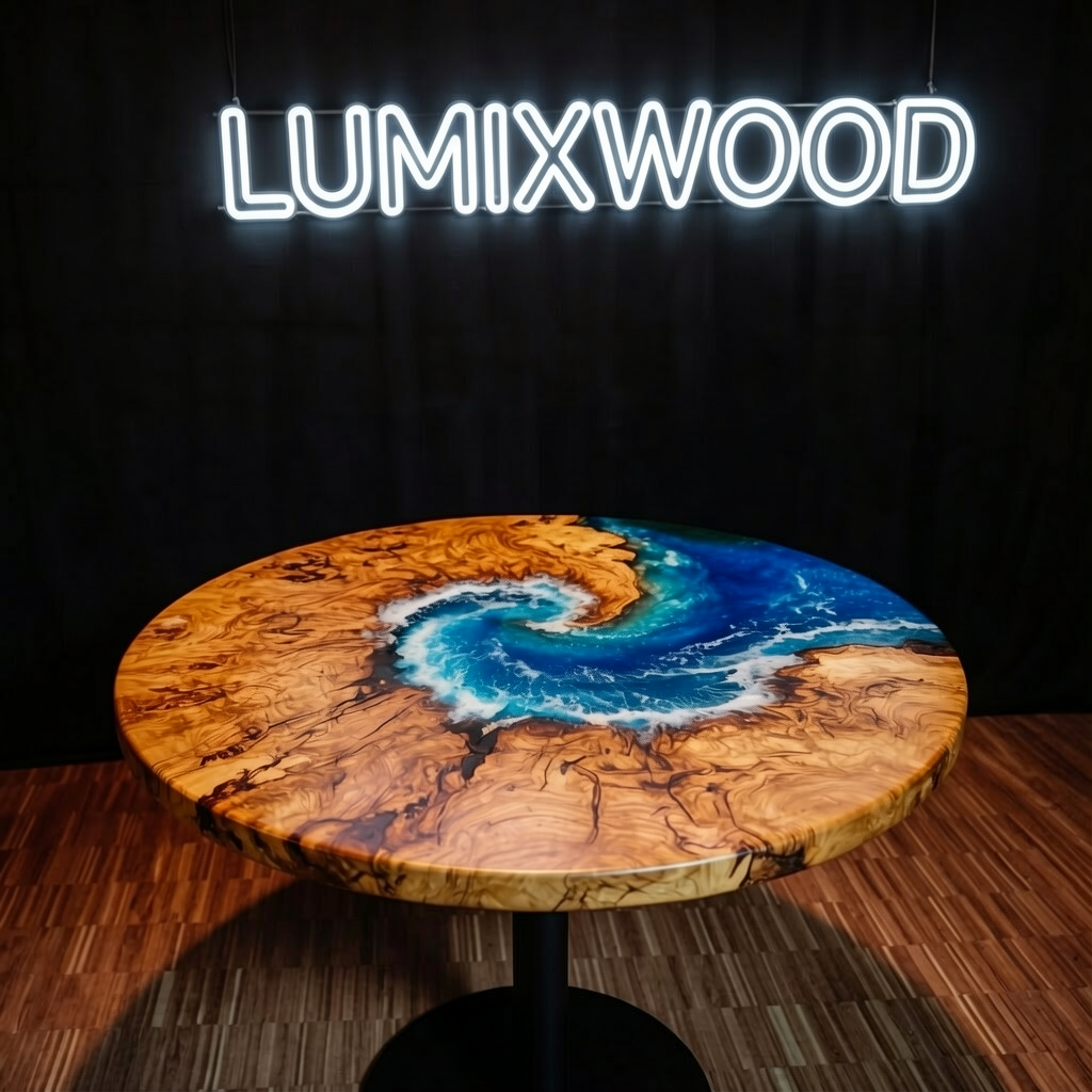 Custom-made round ocean epoxy resin coffee table, made with olive wood.