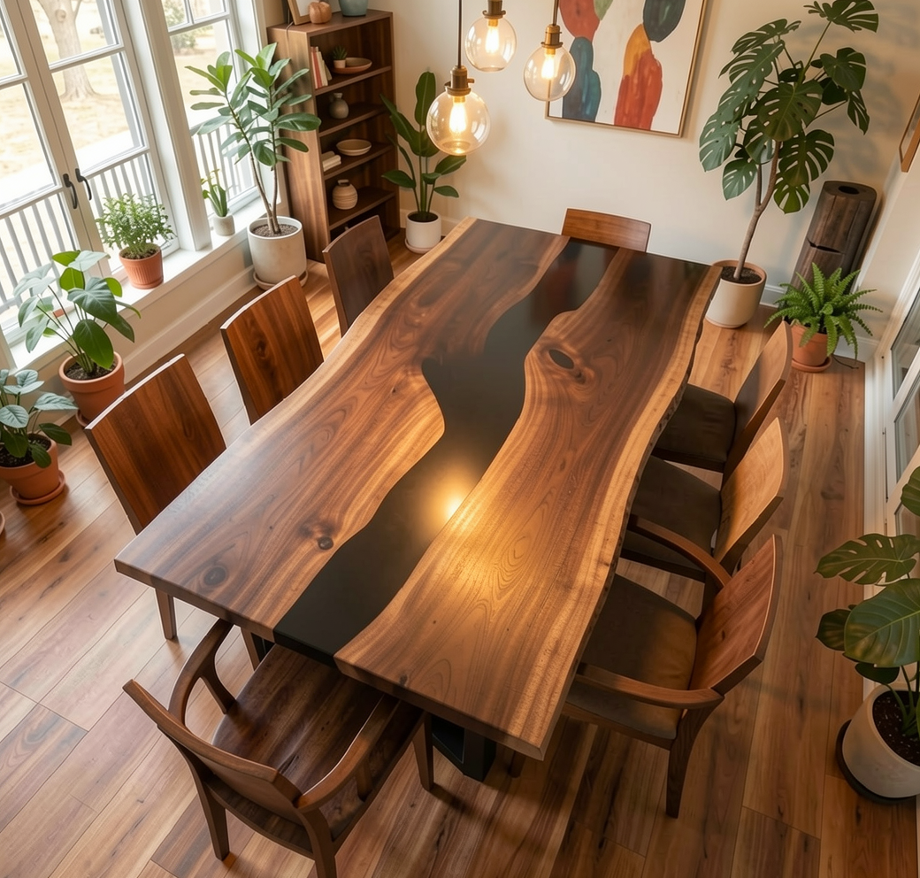 Custom Live Edge Black Walnut Epoxy River Dining Table Slab