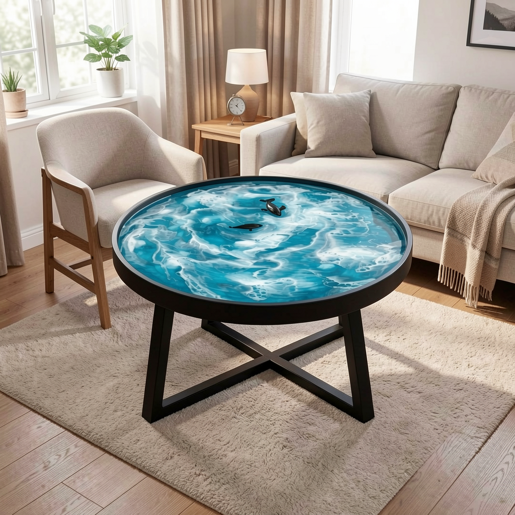 Custom-designed ocean-themed epoxy resin round coffee table