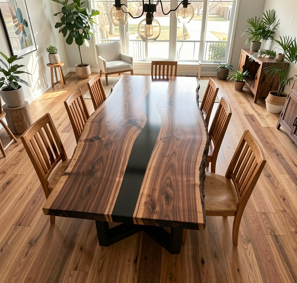 Custom Handmade Black Walnut Table Top with Black Epoxy River